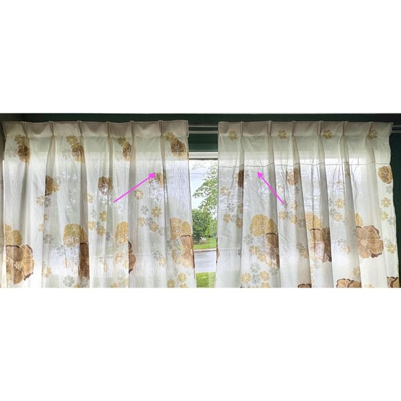 Vintage 1970s cream curtain, large brown, tan flowers, pleated, for each - Picture 3 of 10